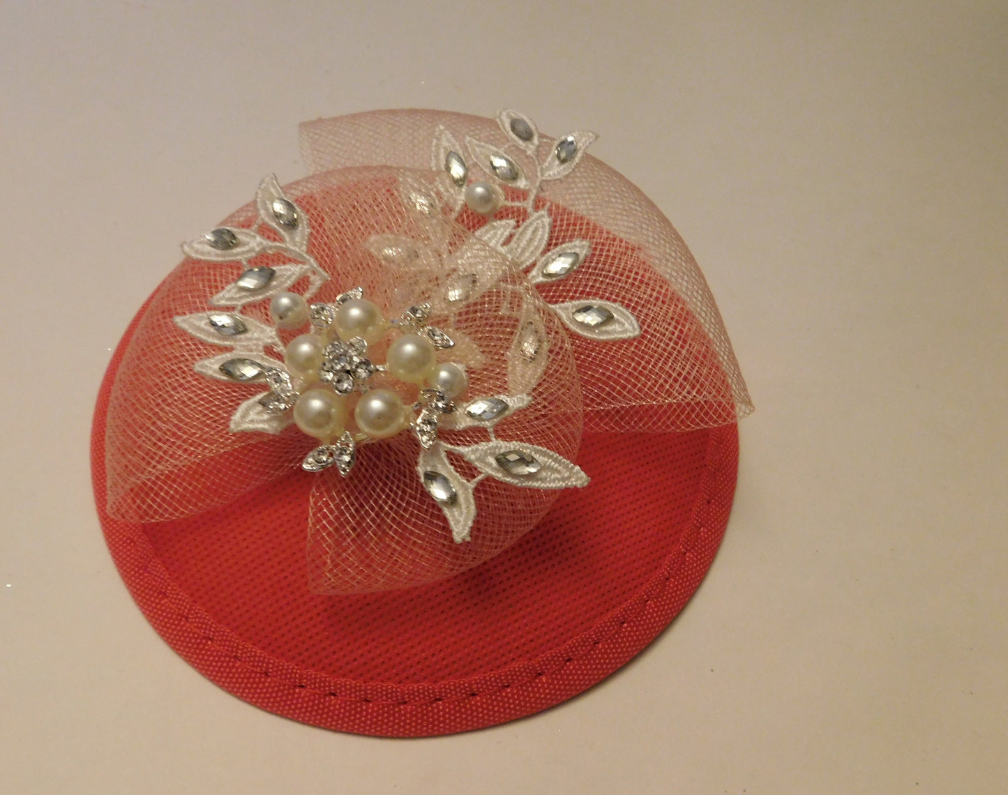 Pink Hat Fascinator with pink Bows Crystal Lace and Pearl jewel Wedding,Goodwood revival,Cocktail,Prom hat fascinator