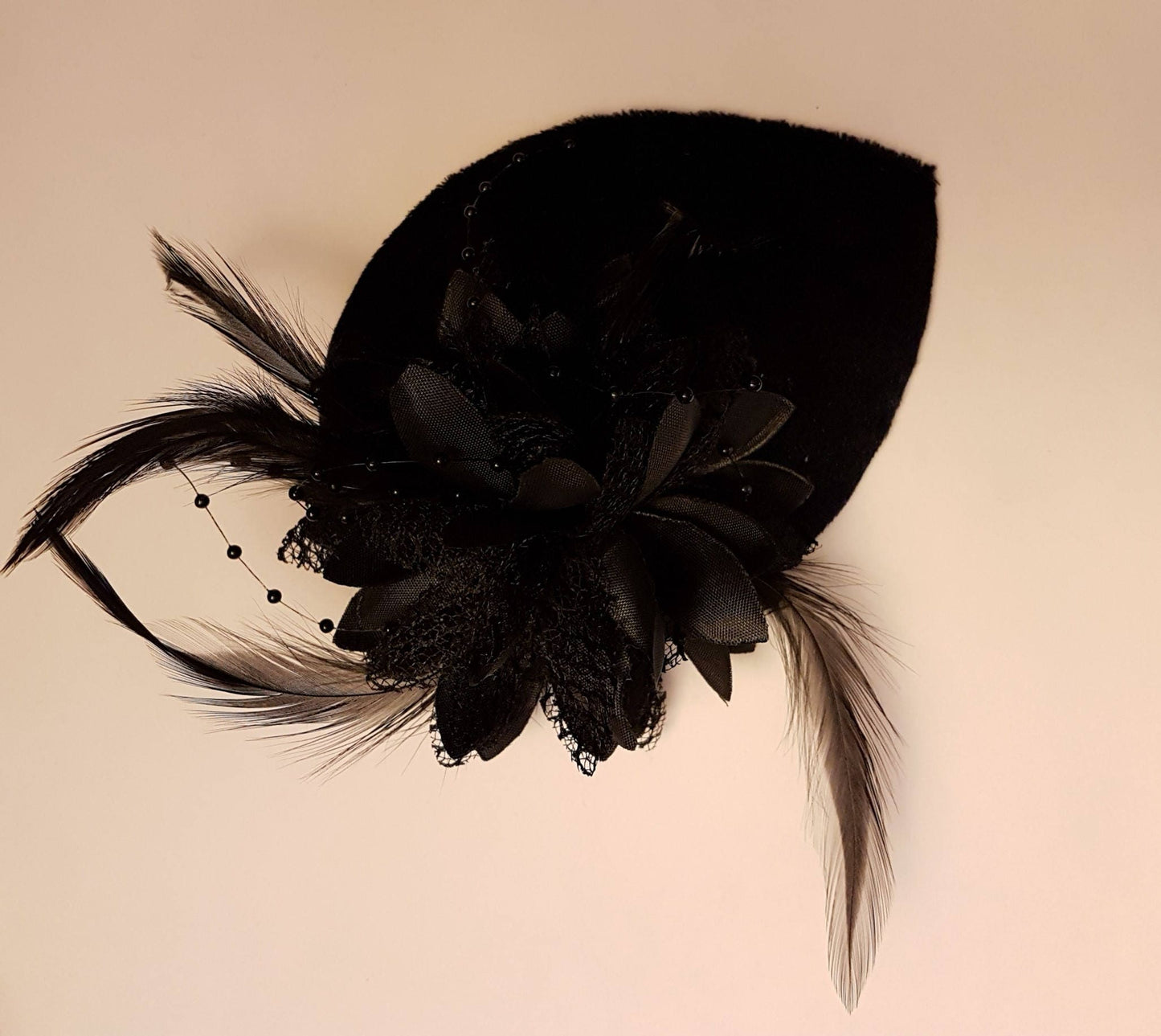 BLACK Velvet Small Teardrop Hat Fascinator. Floral Feather hat Red White Black Floral hat
