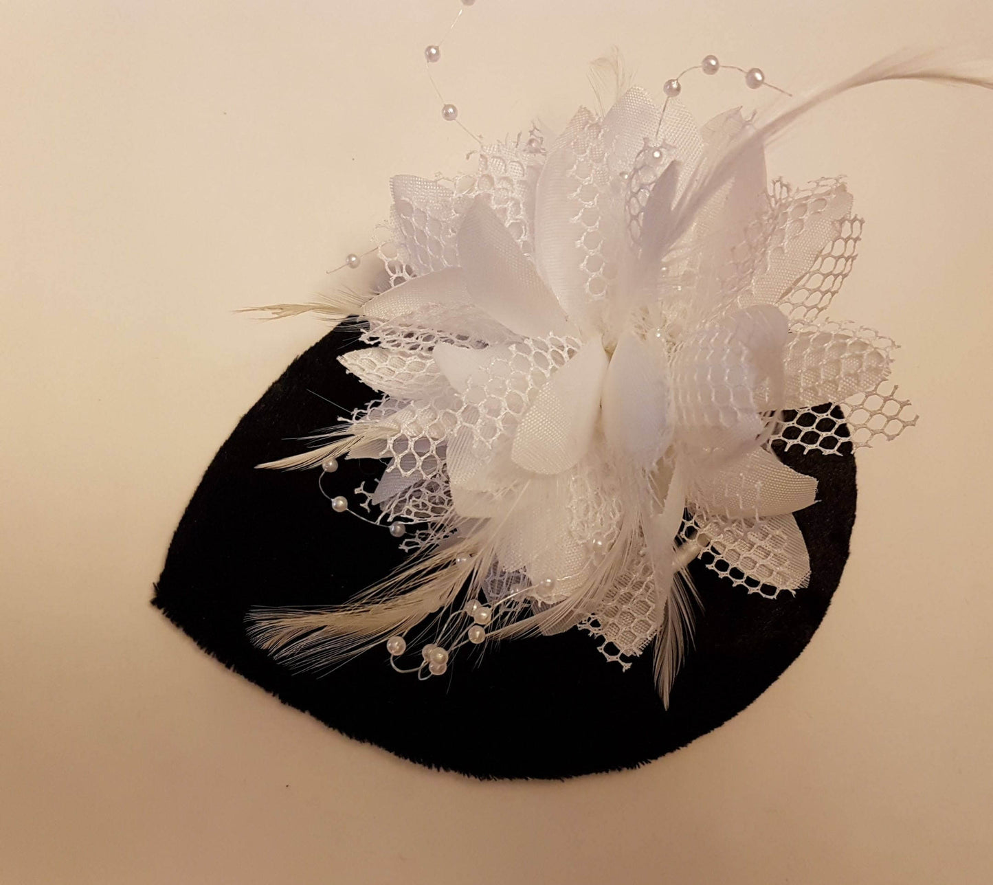BLACK Velvet Small Teardrop Hat Fascinator. Floral Feather hat Red White Black Floral hat