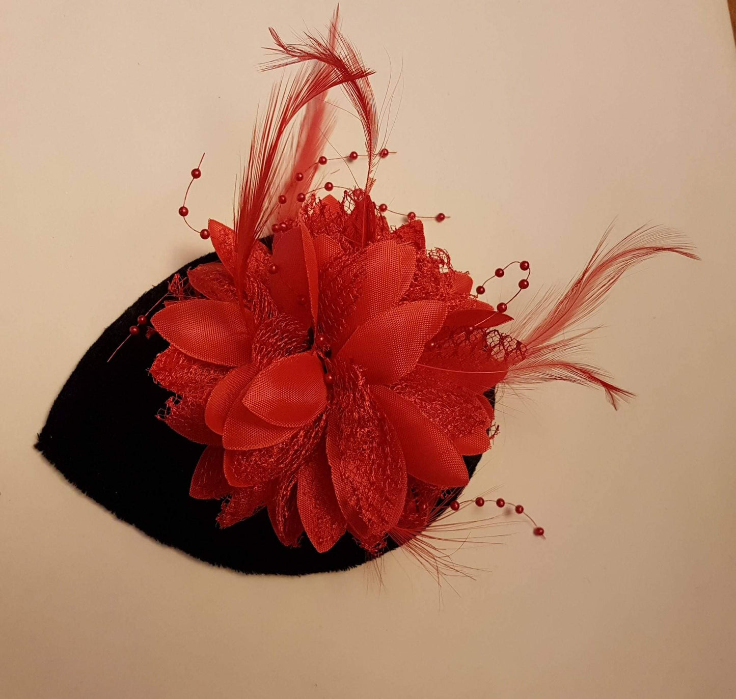 BLACK Velvet Small Teardrop Hat Fascinator. Floral Feather hat Red White Black Floral hat
