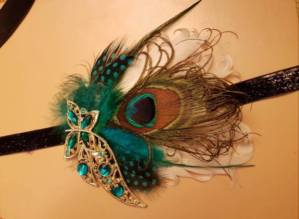 Gatsby Headband, Peacock feather Headband #1920s Flapper Headpiece Bridal wedding fascinator, 1920s Teal blue boho headband