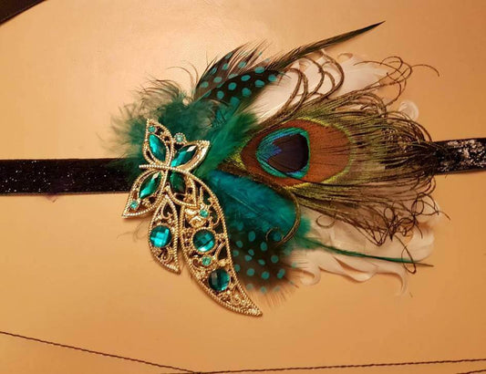 Fascia Gatsby, fascia con piume di pavone #1920s Copricapo flapper, fascinator da sposa, fascia boho blu acquamarina anni '20