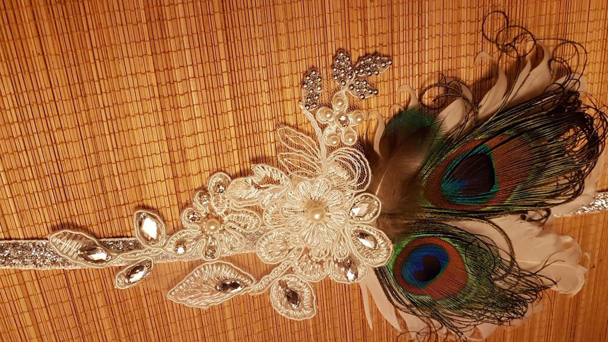 Gatsby Headband, Peacock feather Headband #1920s Flapper Headpiece #Bridal wedding fascinator,Crystal Beaded 1920s sparkly boho headband