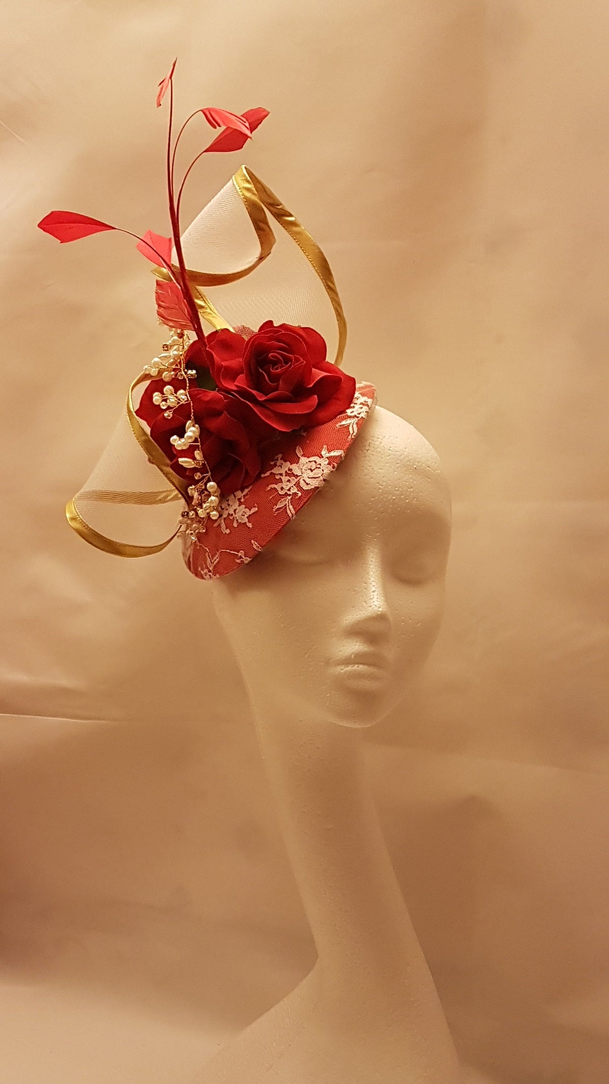 Red Rose Fascinator Hat, Gold Edge Swirl, Wedding Ascot Races