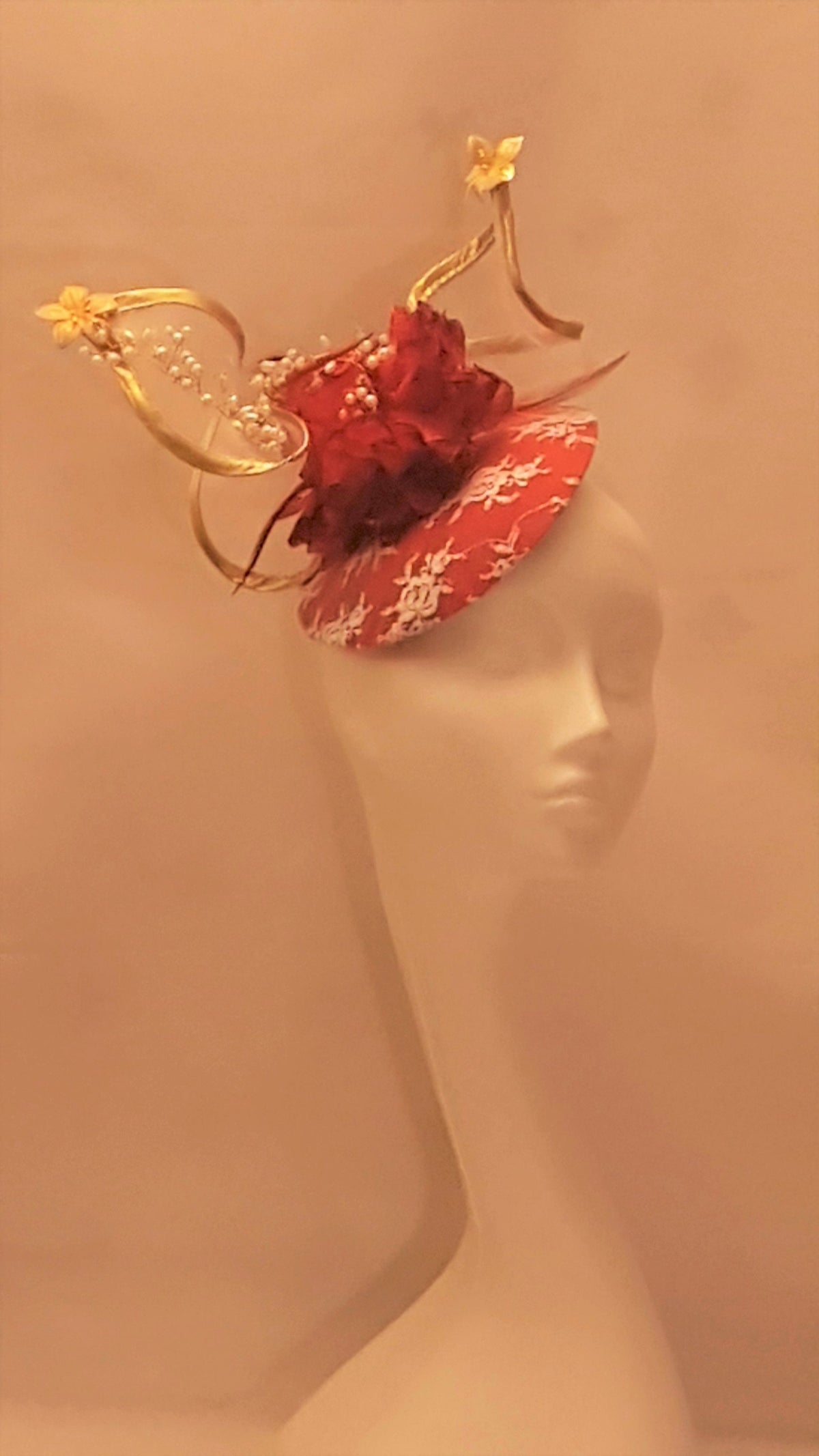 Fascinator hat, Wedding, Kentecy derby, Royal Ascot hat, RED Feather fascinator hat, GOLD edge Swirl Ladies Hat with Crystal Pearl Vine