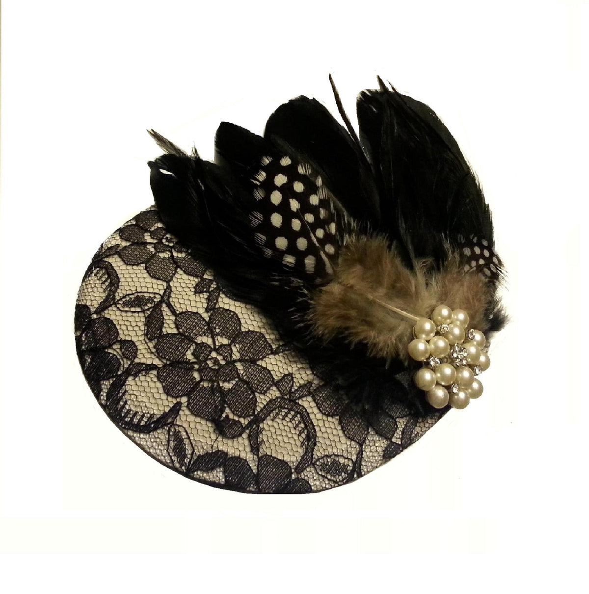 Black & White Feather Fascinator, Pearl Crystal Jewel, Vintage Style Headpiece