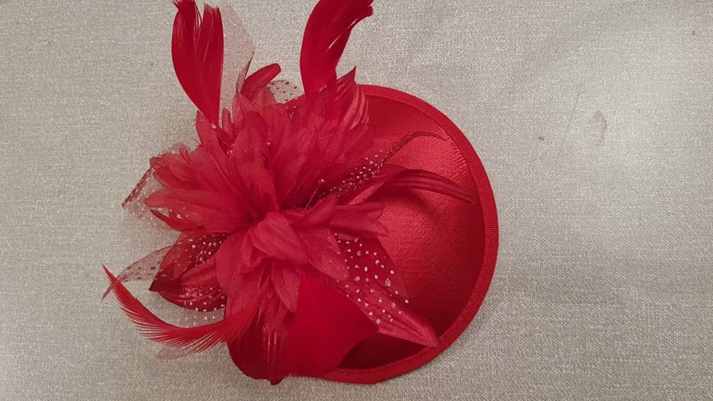 Red Feathered Fascinator Hat: Wedding Headband, Ascot Races