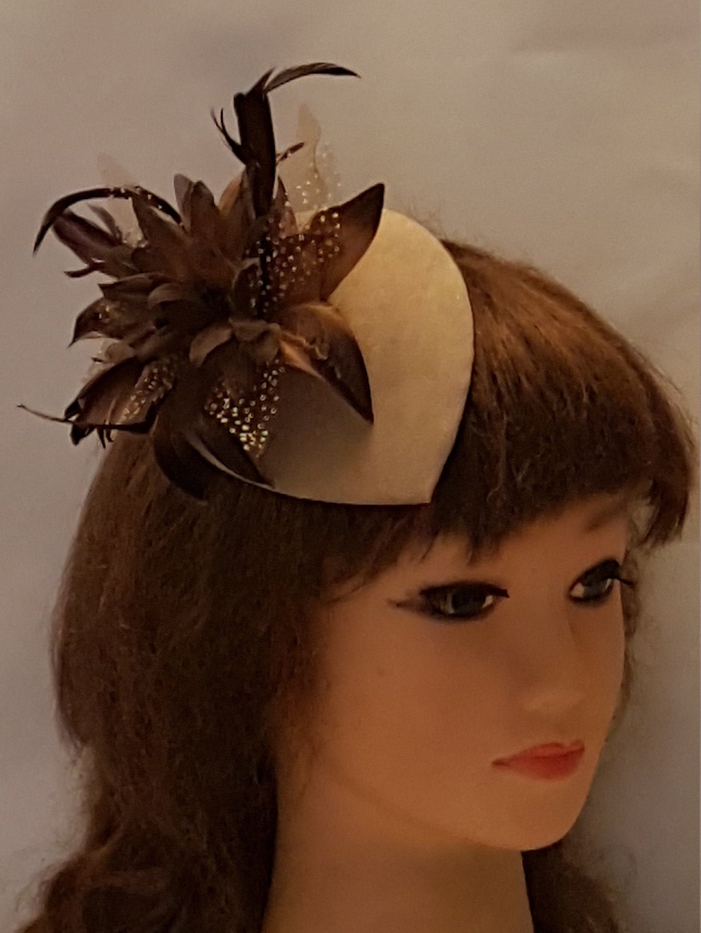 Fascinator Brown hat fascinator #SUEDE Brown /Nude Floral Teardrop hat