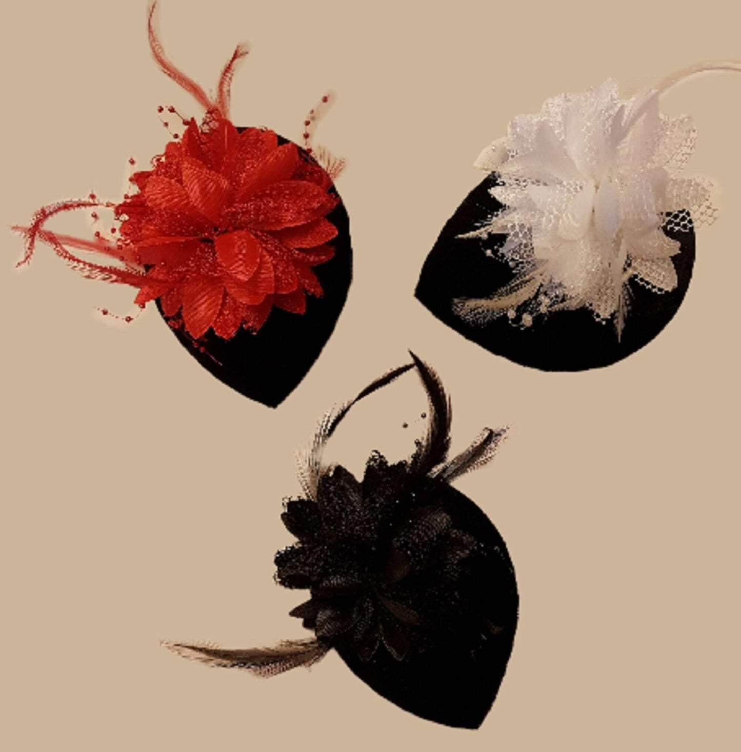 BLACK Velvet Small Teardrop Hat Fascinator. Floral Feather hat Red White Black Floral hat