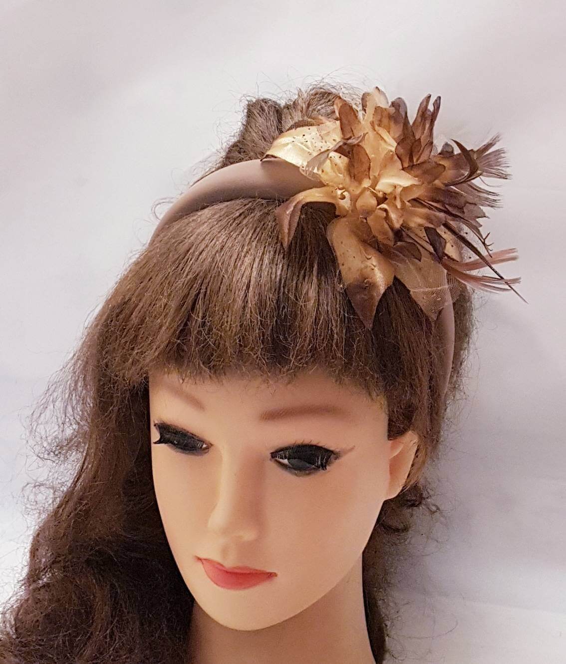 BROWN Padded Headband fascinator. Feather Flower SUEDE Padded Headband Fascinator Headpiece Halo Padded Hair Crown Races Wedding Prom headb