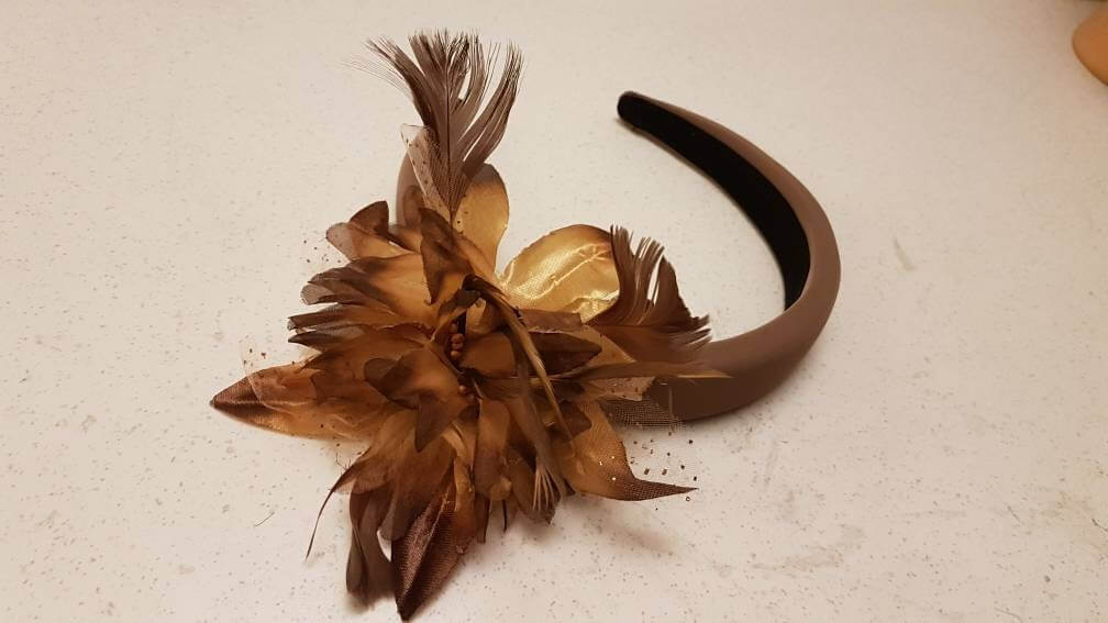 BROWN Padded Headband fascinator. Feather Flower SUEDE Padded Headband Fascinator Headpiece Halo Padded Hair Crown Races Wedding Prom headb