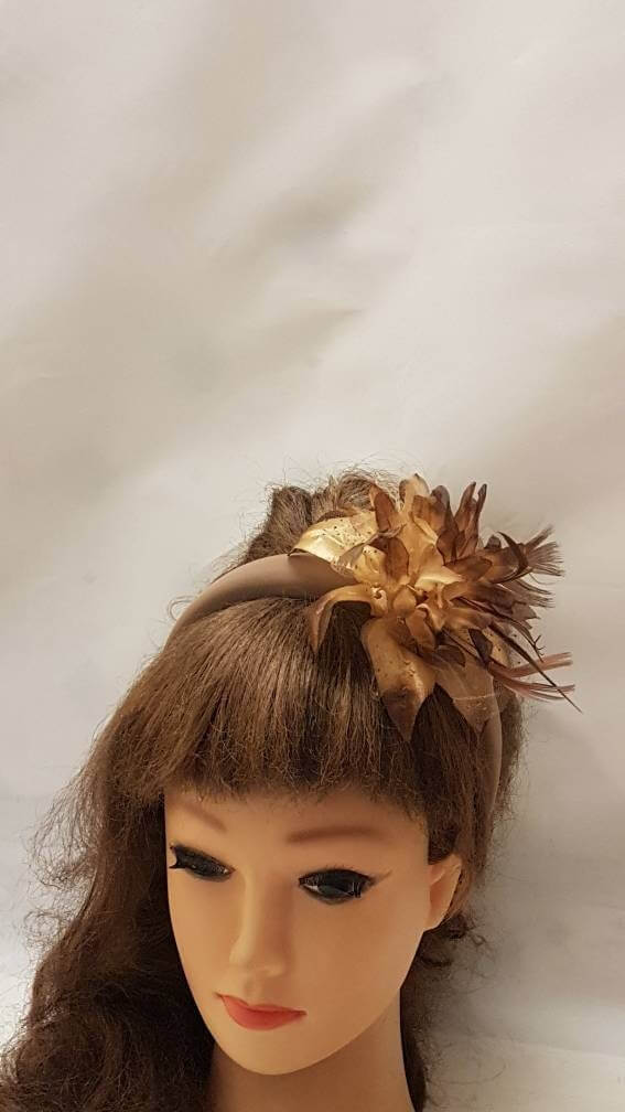 BROWN Padded Headband fascinator. Feather Flower SUEDE Padded Headband Fascinator Headpiece Halo Padded Hair Crown Races Wedding Prom headb