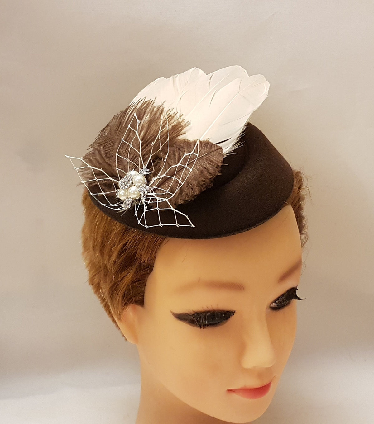 Brown Pillbox Fascinator Hat, Nude Pink Feather Ascot Headpiece