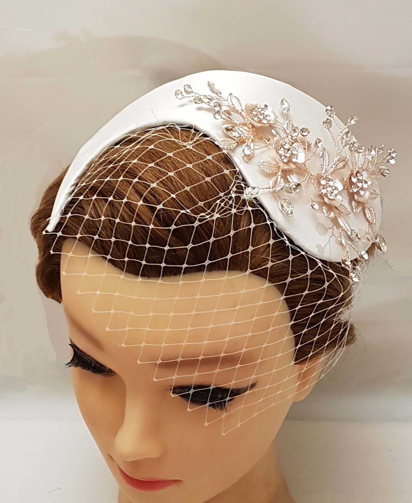 BRIDAL FASCINATOR hat Champagne wedding #fascinator bridal hair accessory 2Pc set Mini Bridal birdcage veil & hat Bridal Hat fascinator