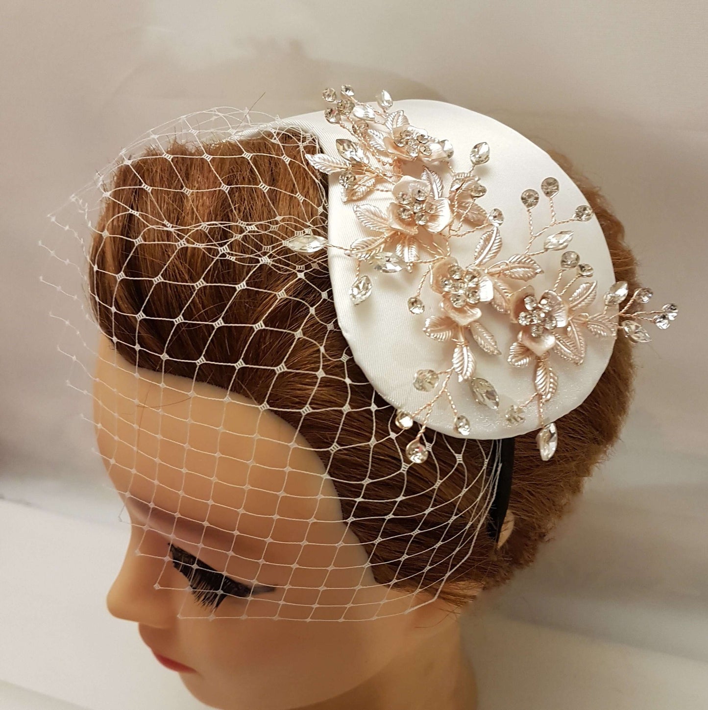 BRIDAL FASCINATOR hat Champagne wedding #fascinator bridal hair accessory 2Pc set Mini Bridal birdcage veil & hat Bridal Hat fascinator