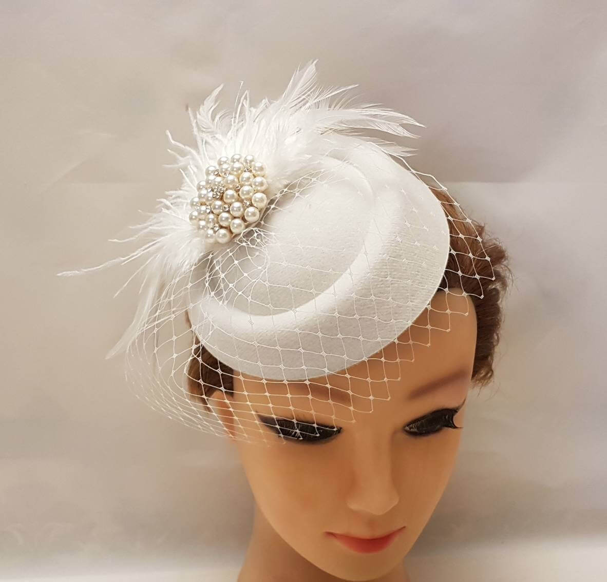 Bridal bird cage veil fascinator Hat#Feather hat fascinator White,Ivory fascinator Blusher Veil Womens Wedding Pillbox hatinator