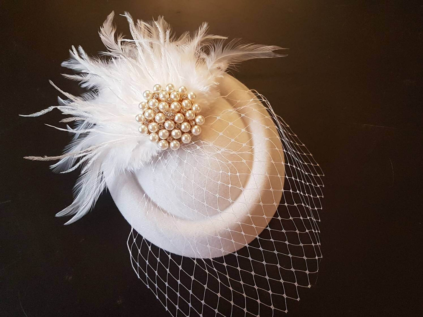 BRIDAL PILLBOX HAT FASCINATOR WITH MINI BIRDCAGE VEIL