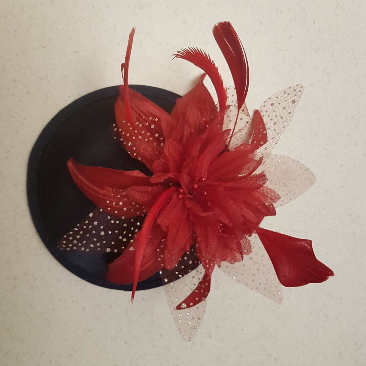 Black Fascinator Hat, Red Flower Feather, Ascot, Wedding, Race