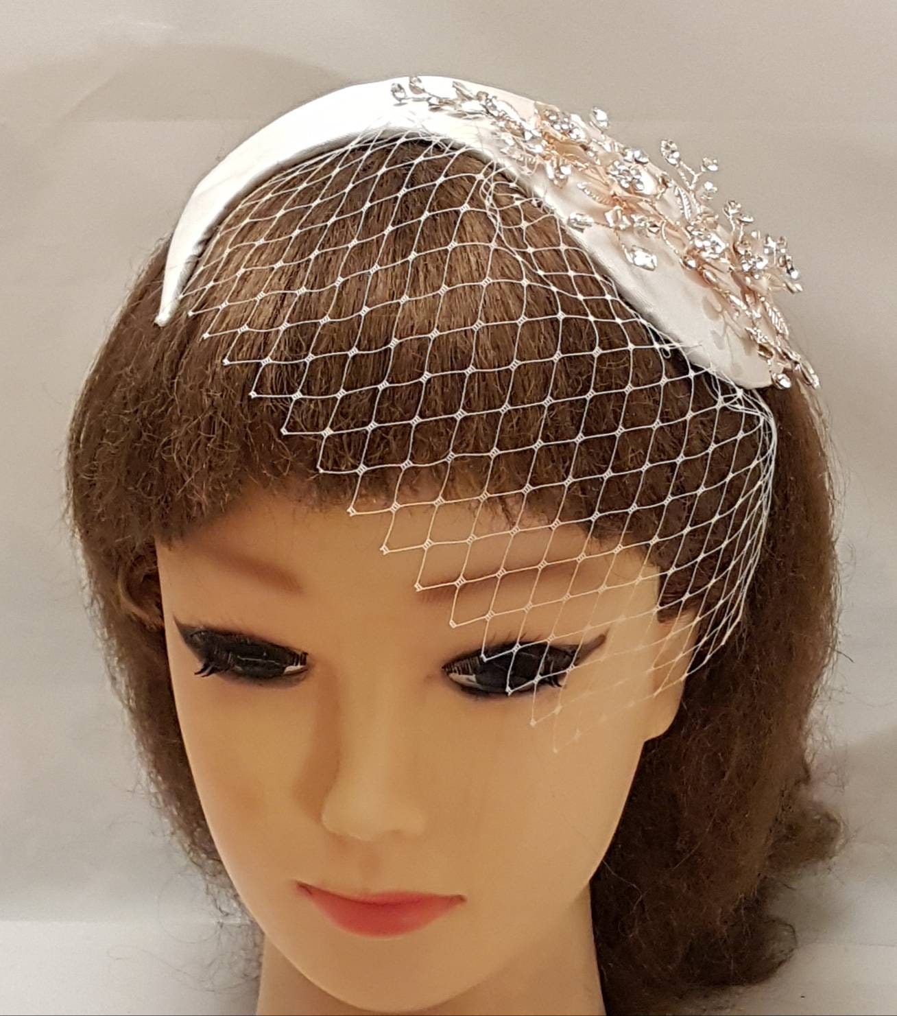 BRIDAL FASCINATOR hat Champagne wedding #fascinator bridal hair accessory 2Pc set Mini Bridal birdcage veil & hat Bridal Hat fascinator