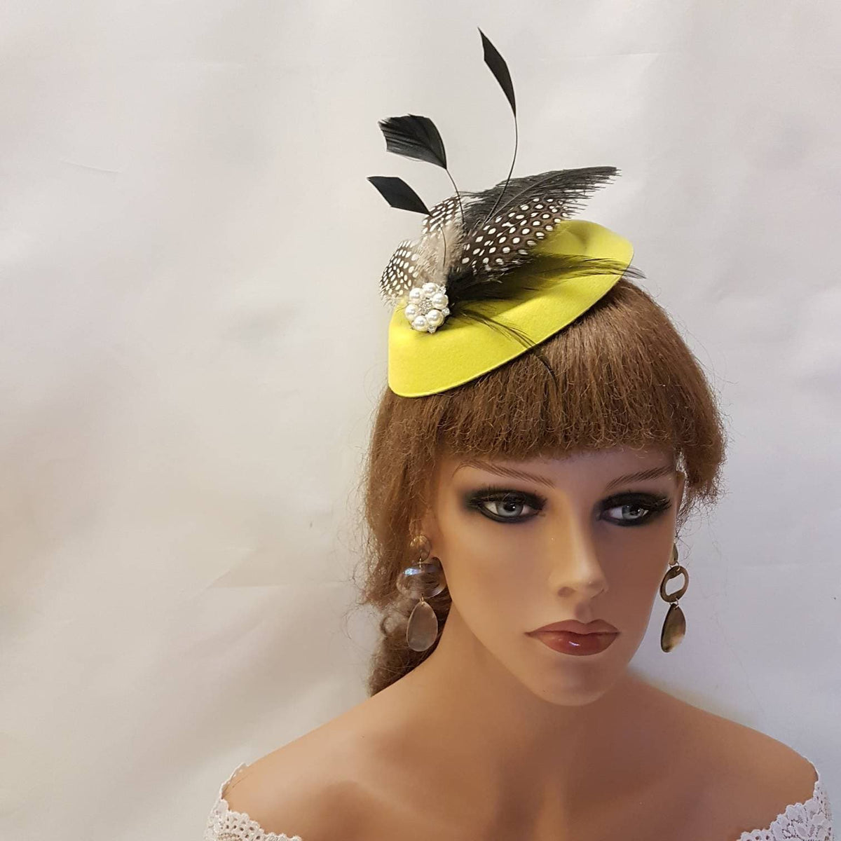 Yellow pillbox hat with Feather Fascinator for Ascot Race Day Headpiece . party headwear