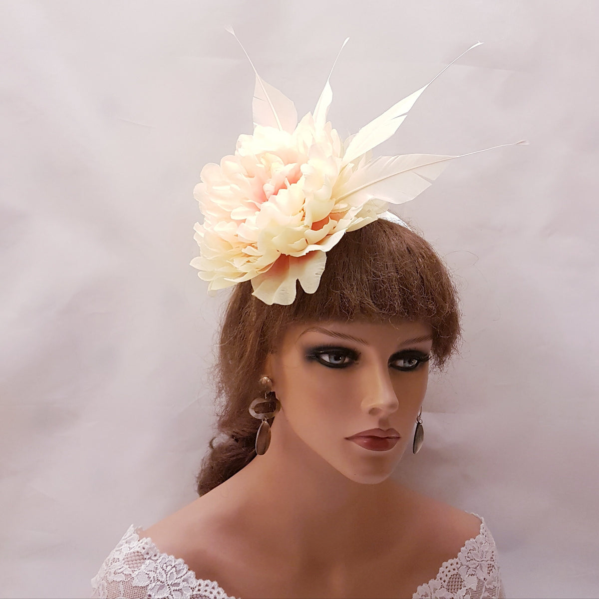 Floral Fascinator Headband, Cream Peach Flower, Feather Headpiece