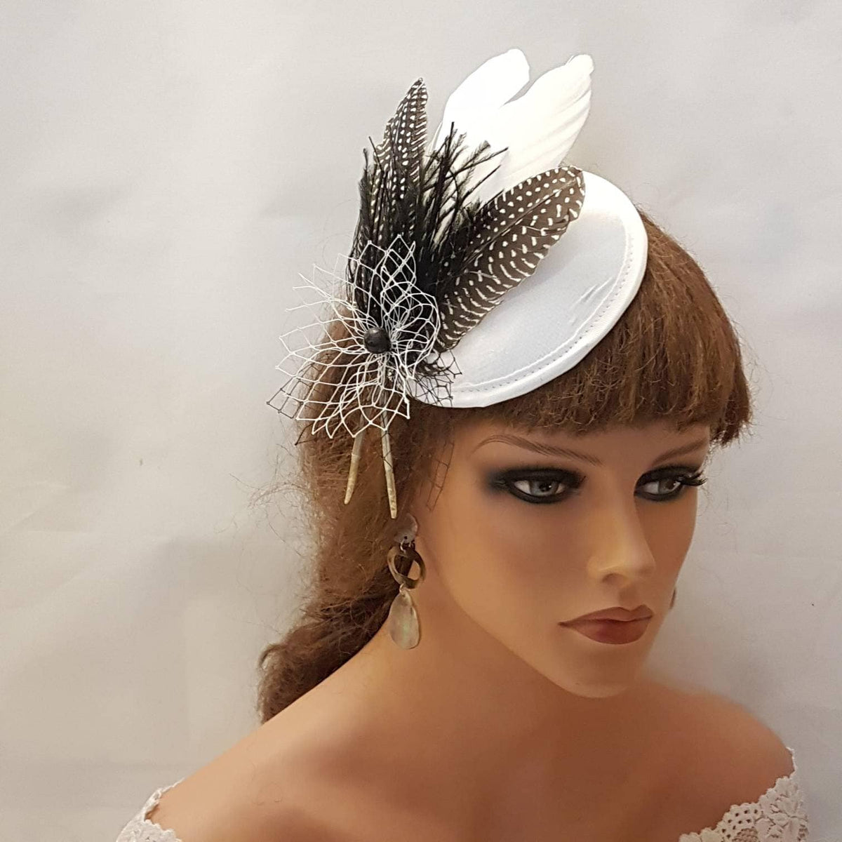 White Feather Fascinator Hat: Vintage Wedding Ascot Headpiece