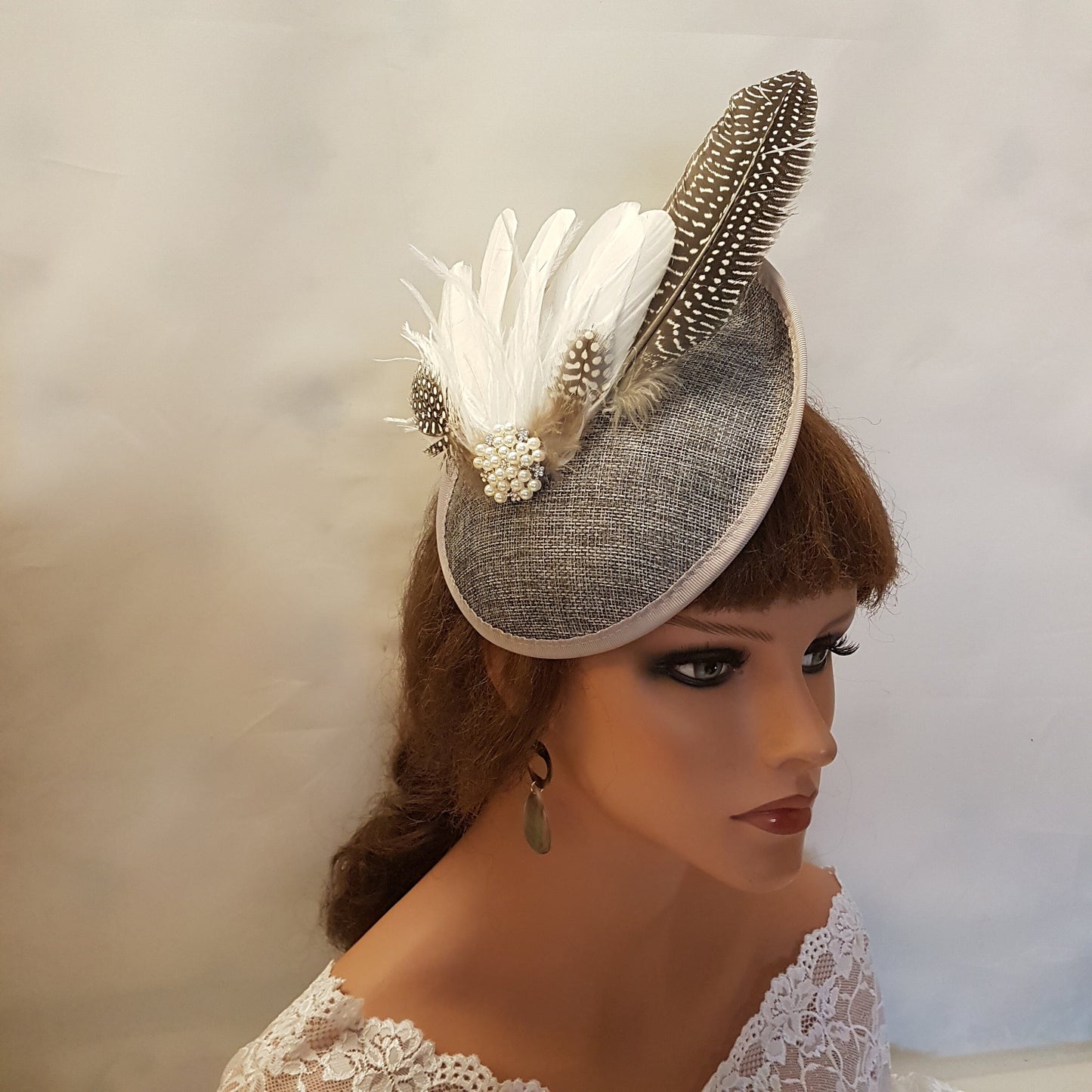 Dark Grey Feather Fascinator Hat: Vintage Wedding Ascot Headpiece