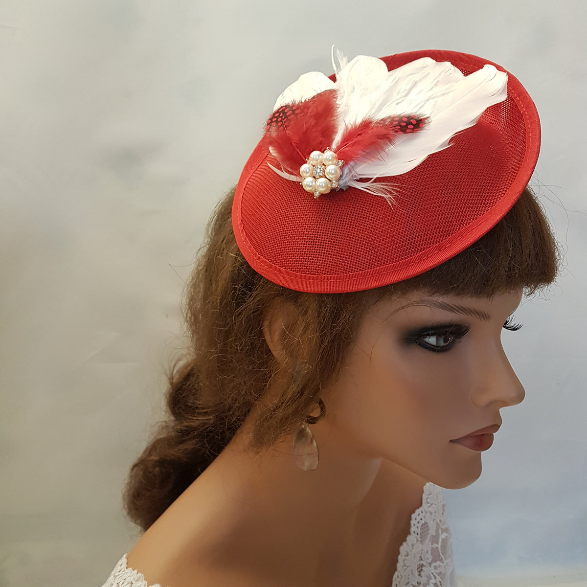 Red Feather Fascinator Hat: Vintage Style Wedding Ascot Headpiece