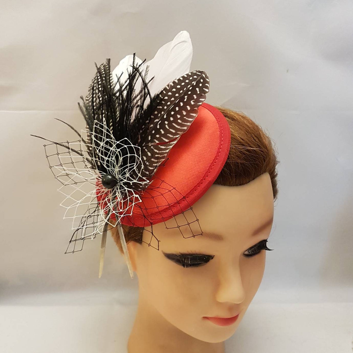Red Feather Fascinator Hat: French Netting Ascot Headpiece