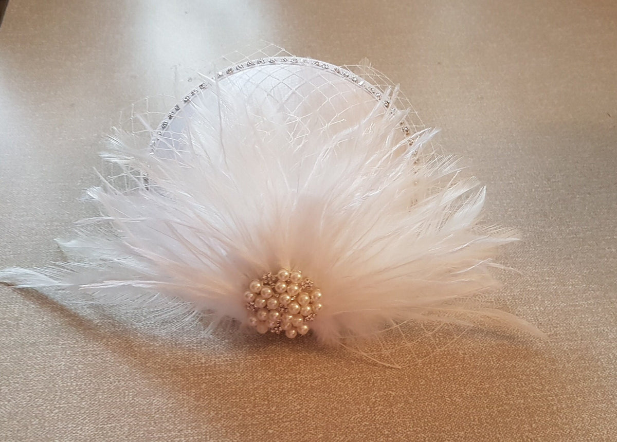 Feather Fascinator Hat: Bridal Wedding Hair Accessory with French Netting