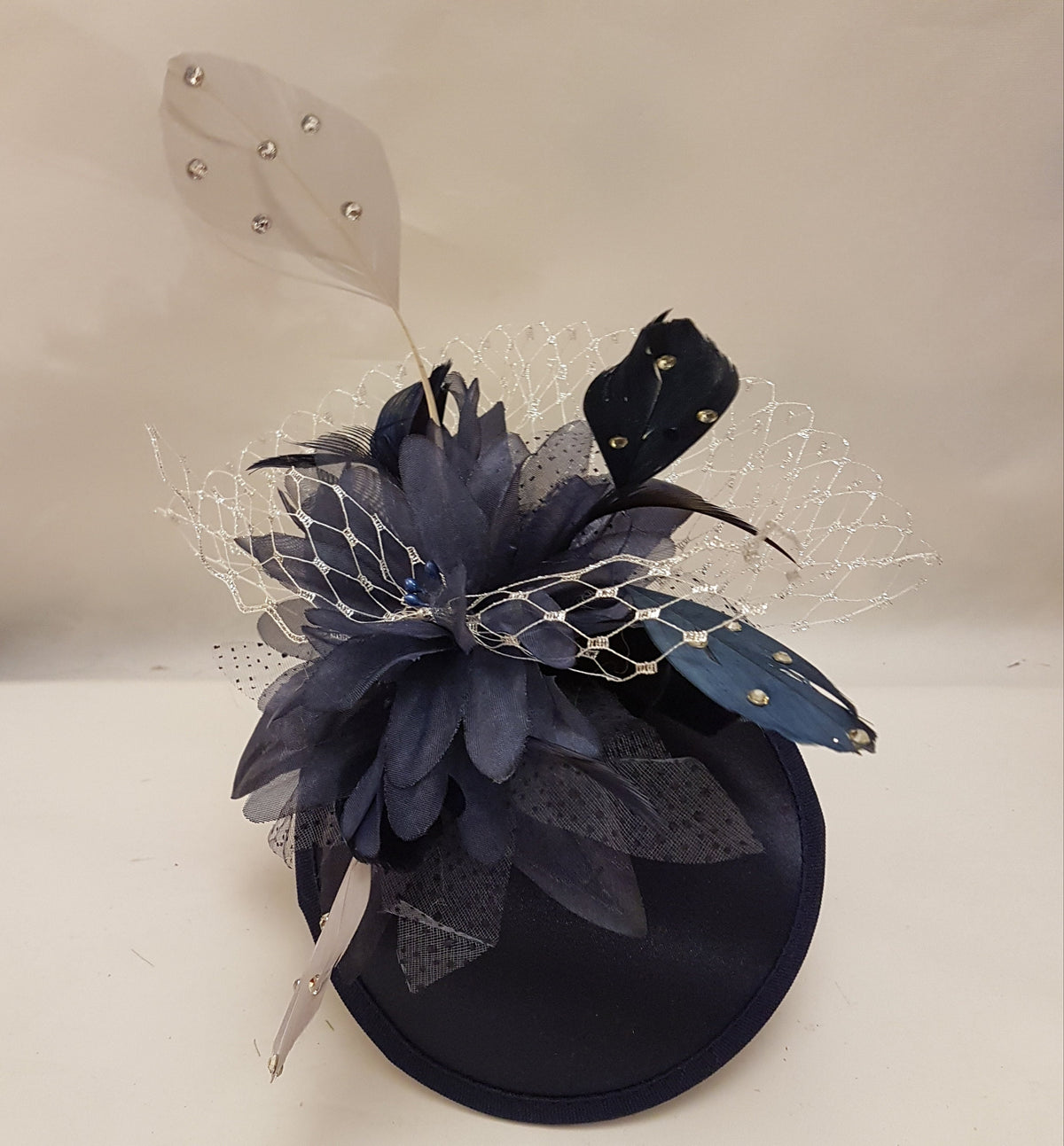 Navy Blue Fascinator Hat: Silver Feather Ascot Headpiece