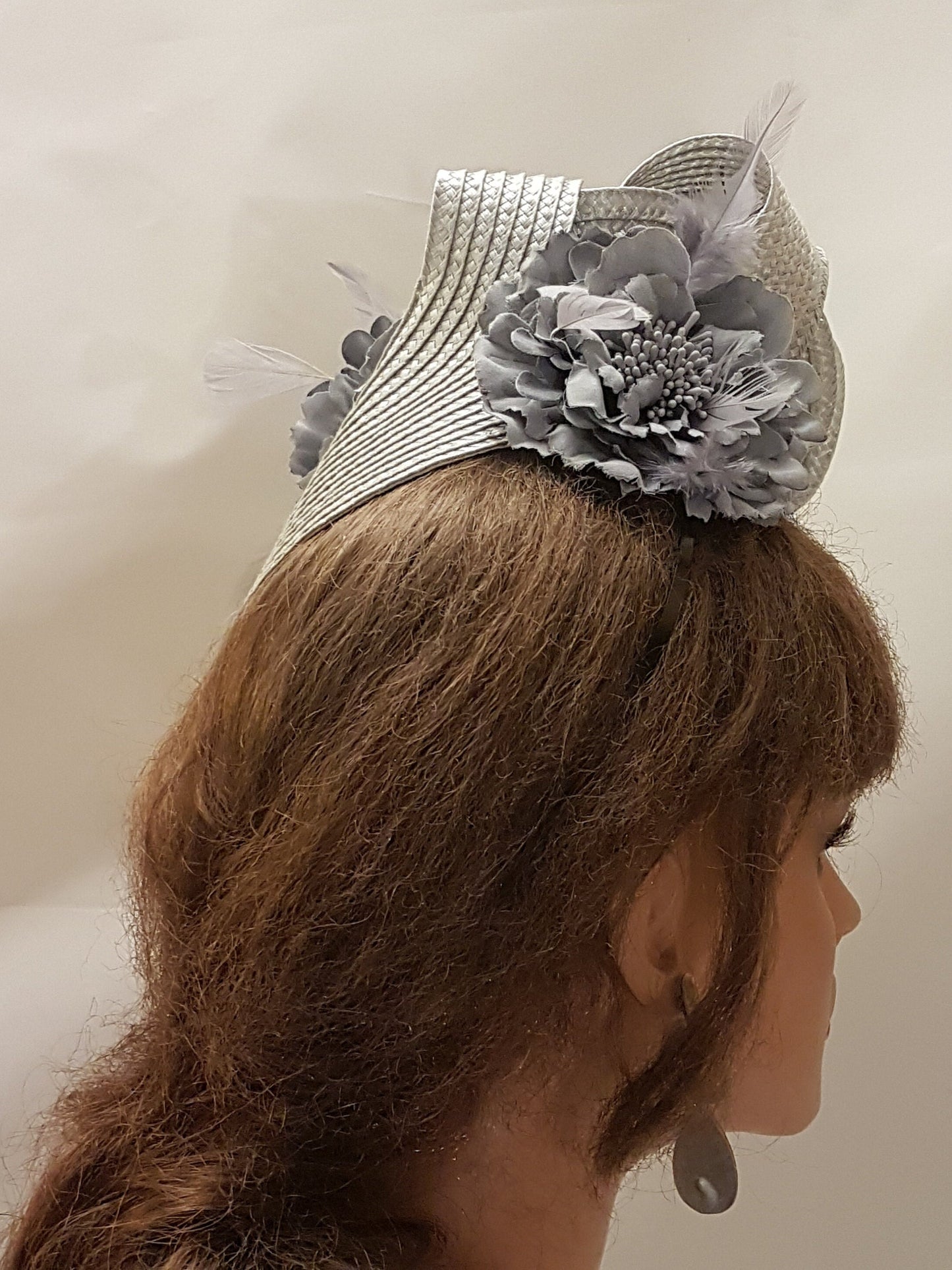 SILVER Grey Fascinator Straw weave Floral Hat fascinator Mother of Bride Mother hat