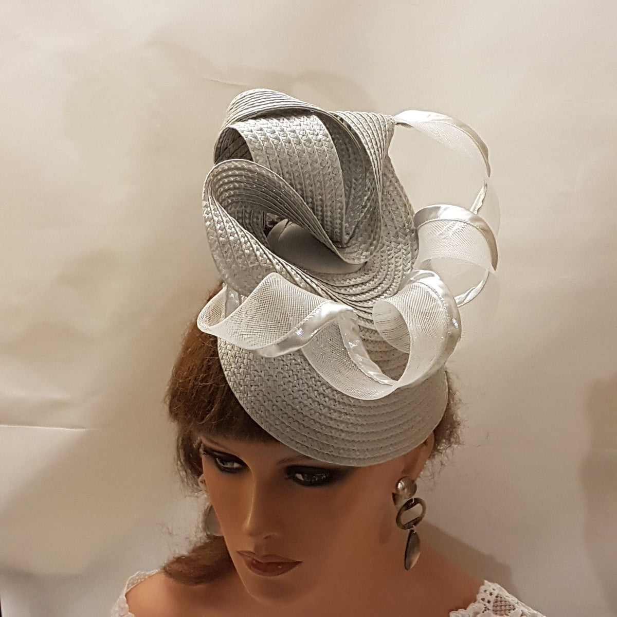 Silver Grey Fascinator Hat: Straw Weave Derby Ascot Headpiece