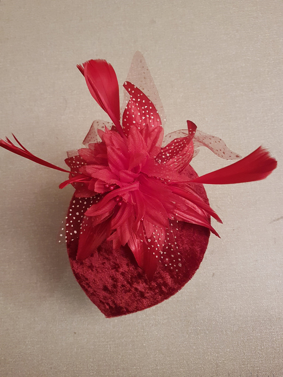 BLACK Velvet Small Teardrop Hat Fascinator. Floral Feather hat Red White Black Flower hat ladies party Cocktail Ascot Wedding fascinator