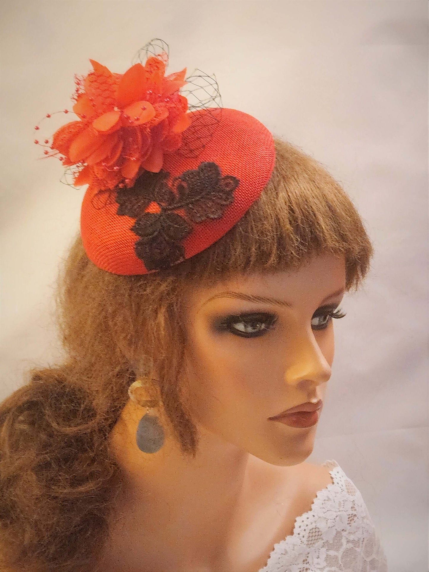 RED FASCINATOR with Netting Flower. Wedding,Church hat fascinator Goodwood, Kentucky derby hat, Cocktail Hat, Ascot hat,Prom Hat Fascinator