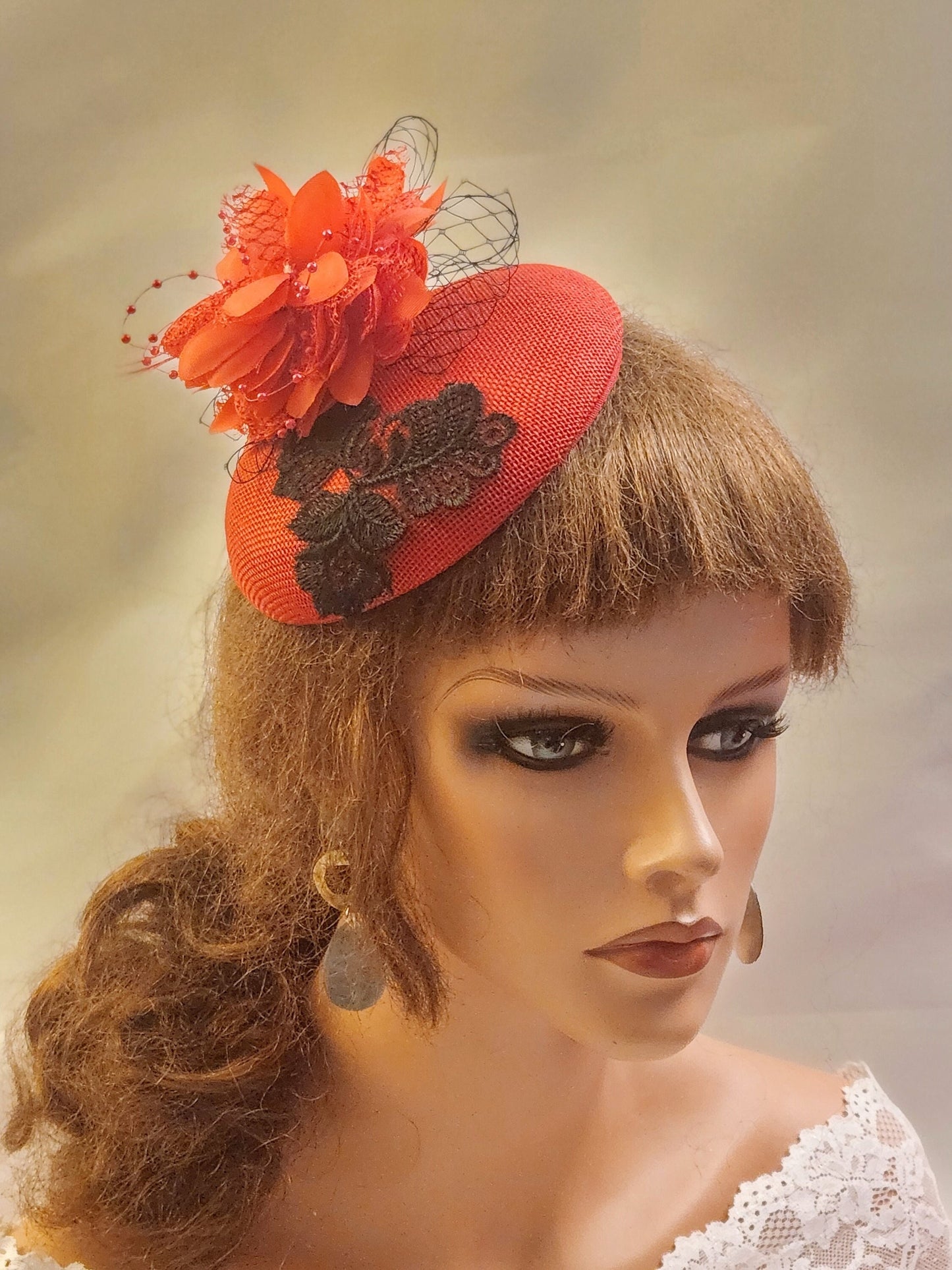 RED FASCINATOR with Netting Flower. Wedding,Church hat fascinator Goodwood, Kentucky derby hat, Cocktail Hat, Ascot hat,Prom Hat Fascinator