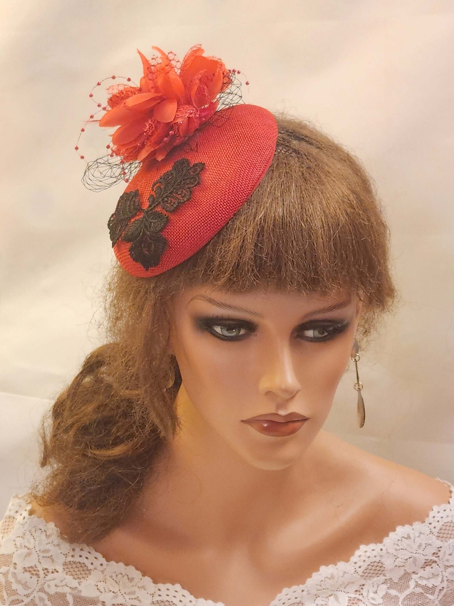 RED FASCINATOR with Netting Flower. Wedding,Church hat fascinator Goodwood, Kentucky derby hat, Cocktail Hat, Ascot hat,Prom Hat Fascinator
