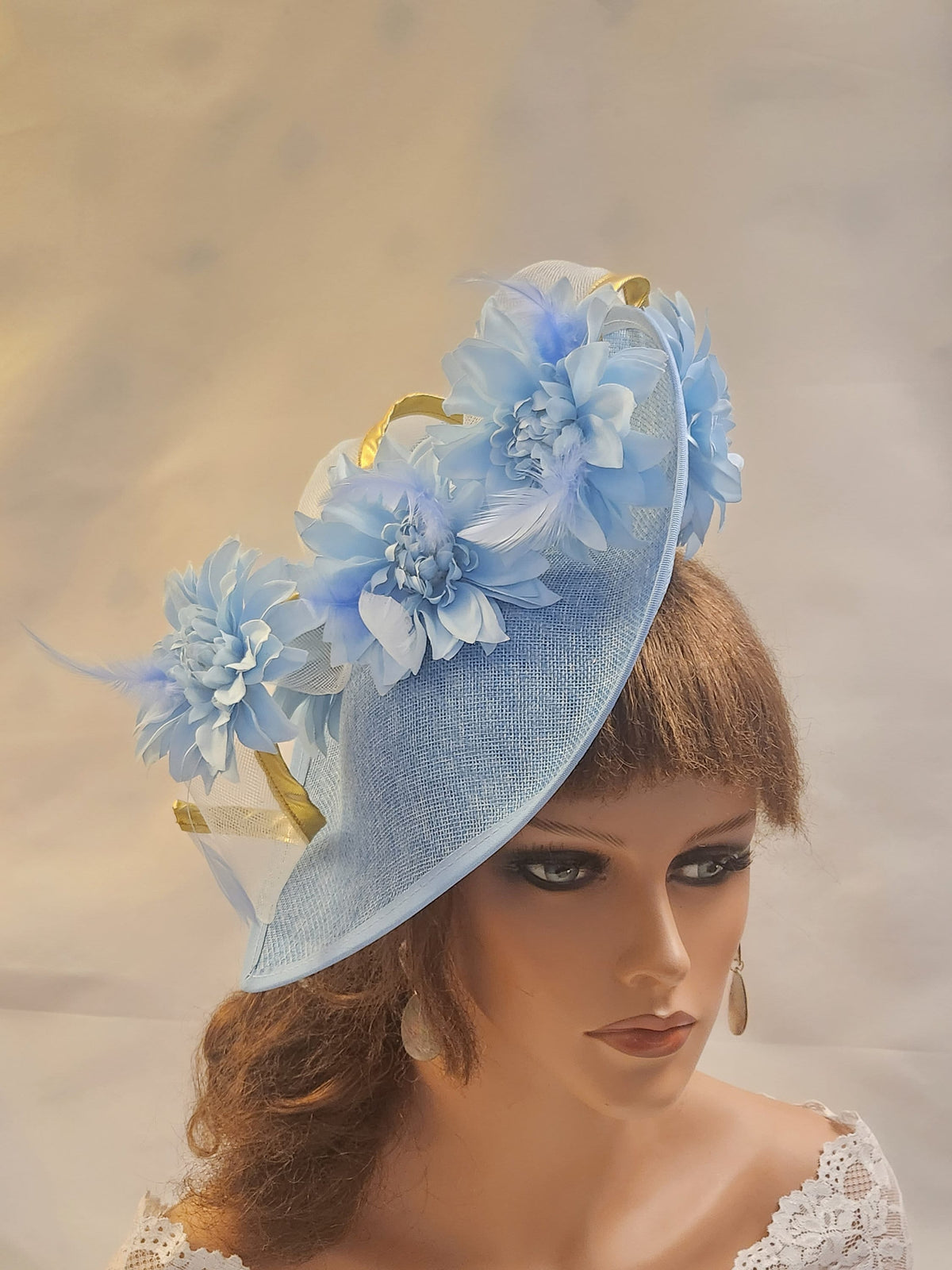 Blue Sinamay Fascinator Hat: Floral Ascot Races, Wedding Derby