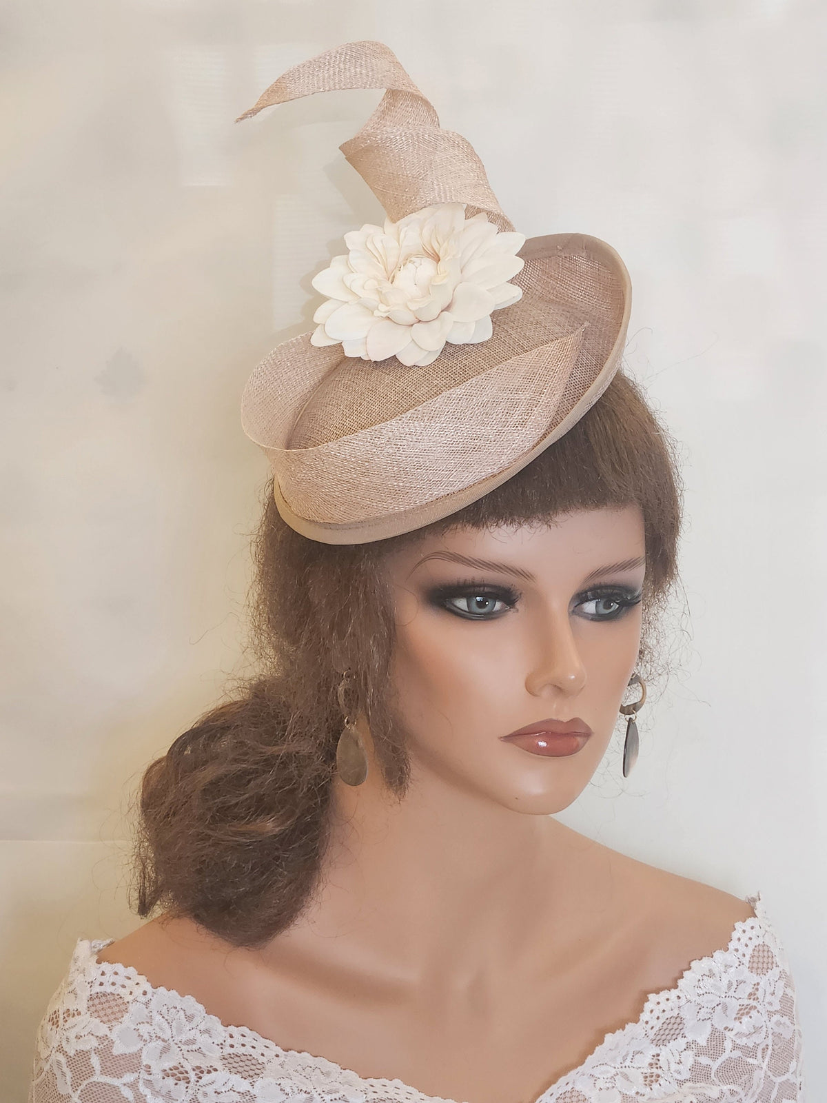 Champagne Sinamay Fascinator Hat, Flower Swirl Ascot Headband