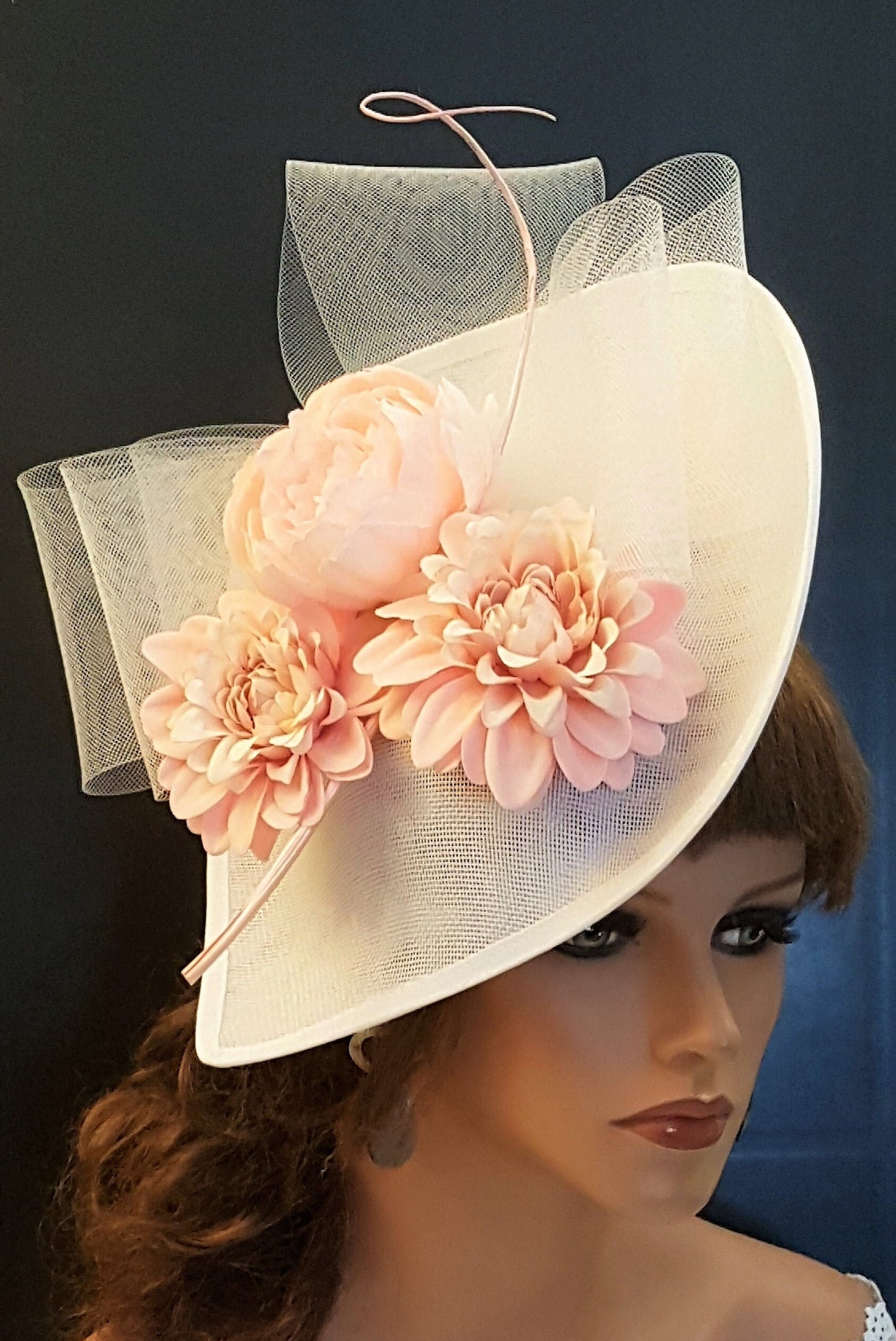White Pink Floral Derby Hat: Quill Feather, Wedding Guest Fascinator
