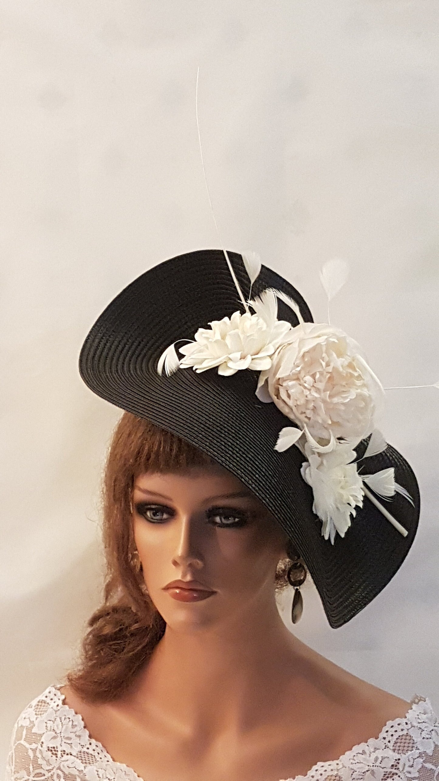 Black Saucer Hatinator: Ivory Floral Quill Feather Ascot Hat