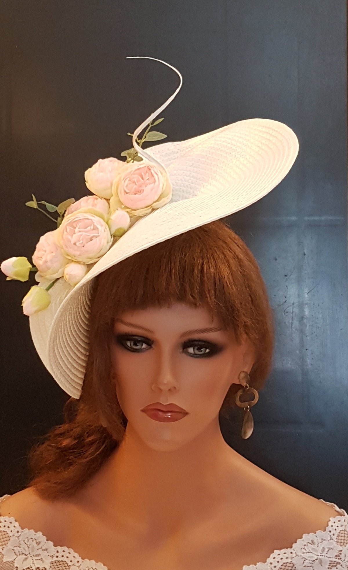 White Saucer Hatinator: Pink Floral Quill Feather Derby Hat