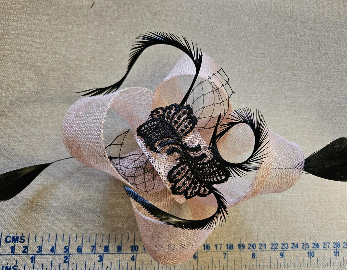 Pink Fascinator: Black Lace Feather Headpiece, Ascot Races