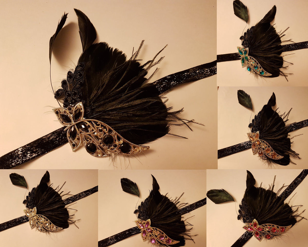 Gatsby Headband, Black feather Headband #1920s Flapper Headpiece Bridal wedding fascinator 1920s Black feather Crystal boho headband