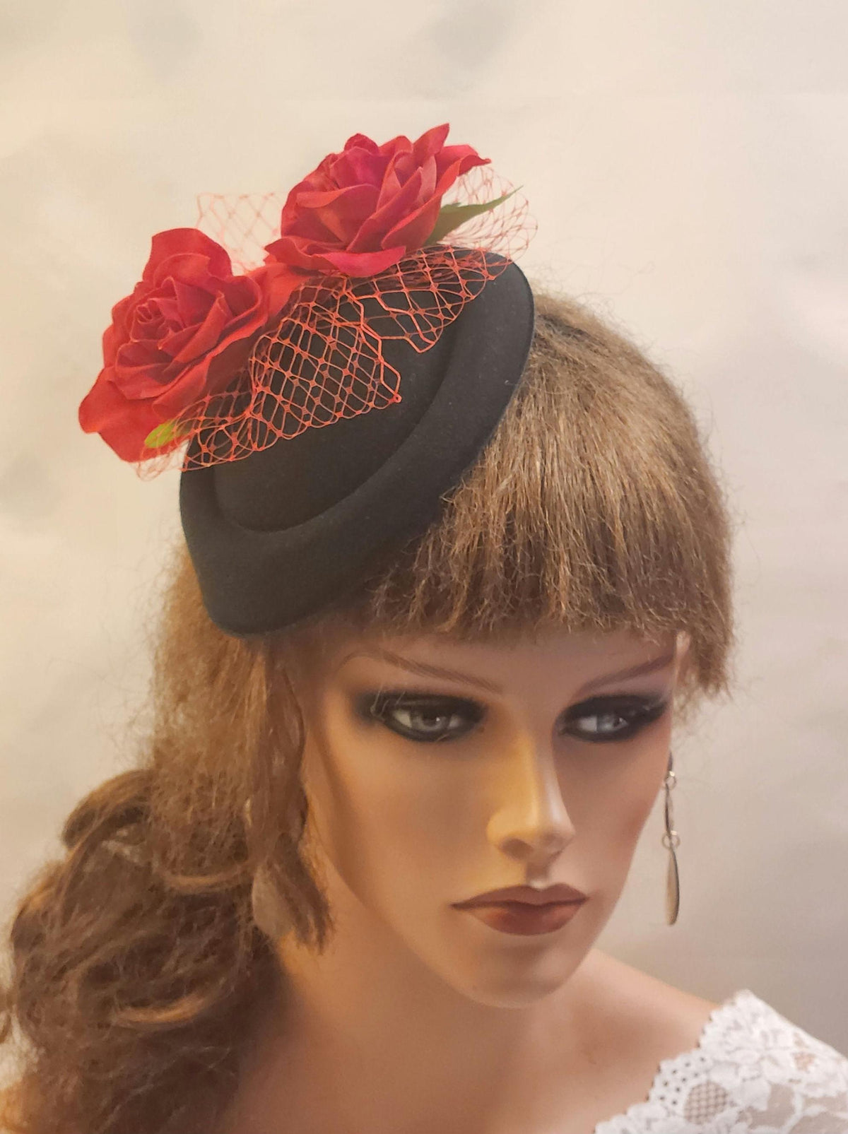 Black Pillbox Fascinator: Red Rose & Netting Derby Hat