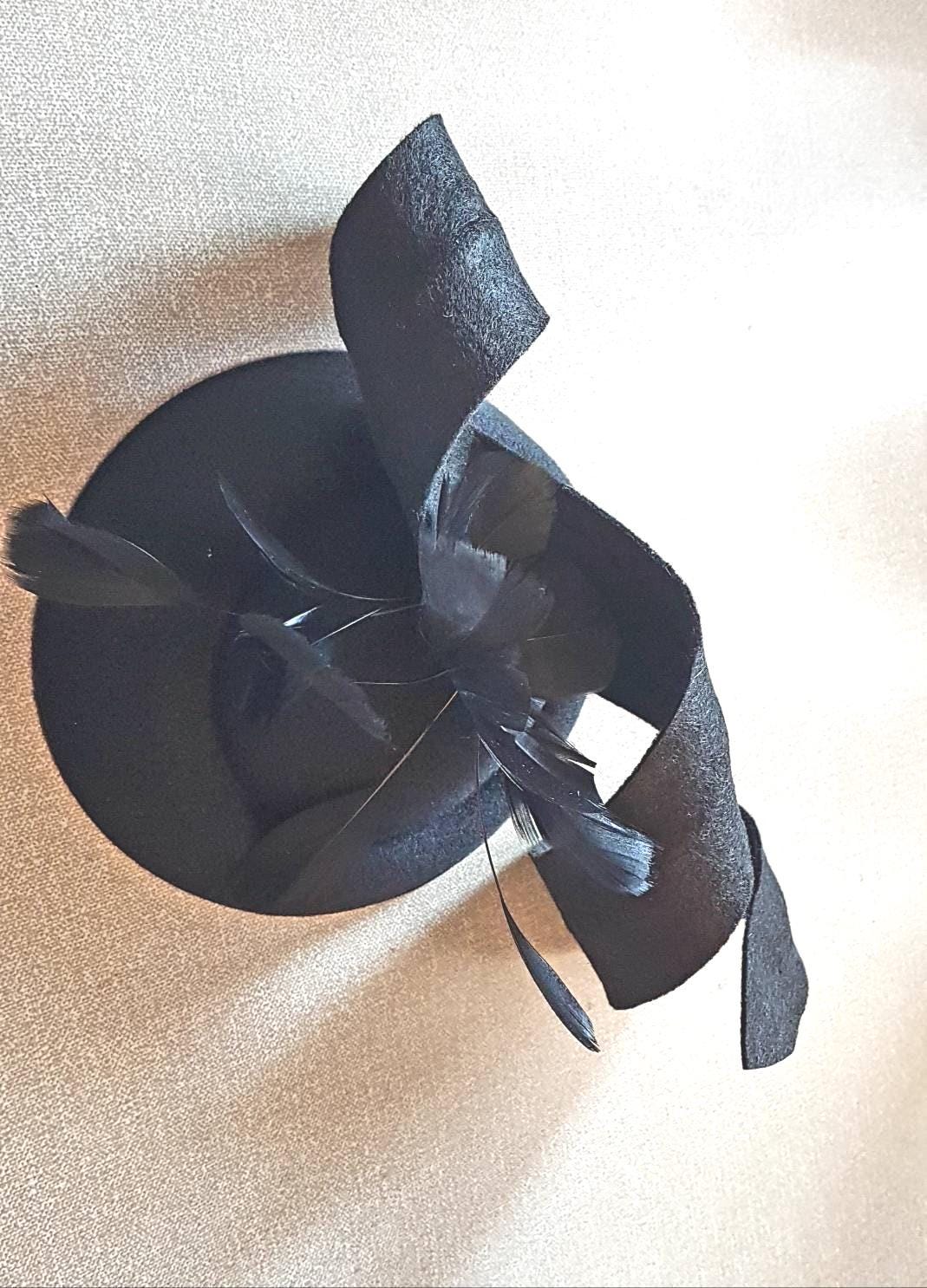 Black Felt Fascinator Hat, Feather Swirl, Kentucky Derby, Ascot, Wedding, Cocktail Church Hat