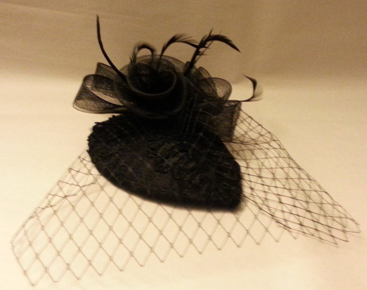Vintage Black Birdcage Veil Fascinator, Teardrop Hat, Cocktail Accessory
