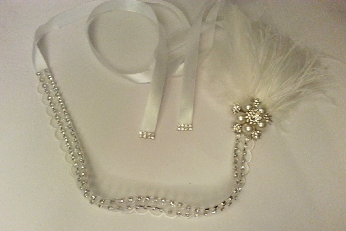 1920s Flapper Headband, Bridal Crystal Beaded Lace, Ostrich Feather Fascinator