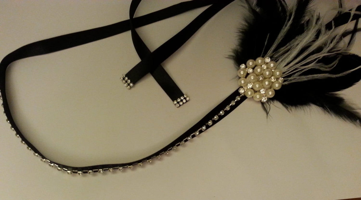 Crystal Beaded Flapper Headband, Silver Plating, Ostrich Feathers