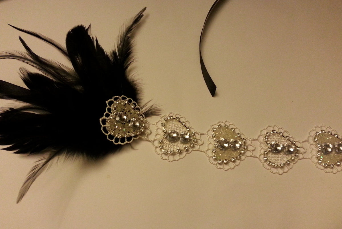 1920s Flapper Headpiece, Bridal Gatsby Headband Crystal Beaded Heart Motif forehead Headband Vintage 1920's-40's sparkly Feather headband